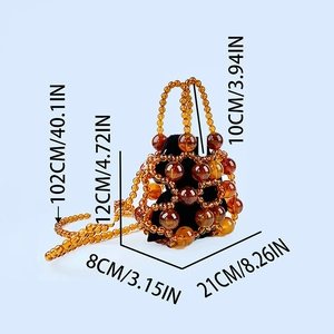 Detailed size chart of amber beaded bucket bag showing height, width and strap length
