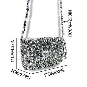 Detailed size guide of silver sequin shoulder bag showing 11x17x2 cm dimensions