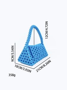 Detailed dimensions of blue handmade beaded handbag with acrylic pearls and creative design
