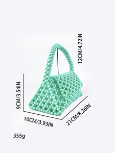 Detail view of mint green beaded handbag with size dimensions and 355g weight info