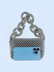 Silver beaded flap clutch bag with metal chain strap and luxury woven texture design