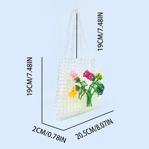 Detailed size specifications of a handmade 3D floral beaded acrylic crossbody handbag