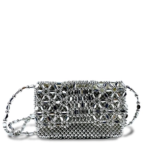 Detail of silver beaded shoulder bag featuring intricate hand-woven floral patterns