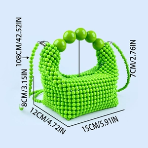 Detailed size specifications for handmade green beaded handbag with dimensions and strap length