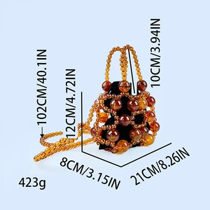 Detailed size specifications of amber beaded bucket bag with dimensions and measurements