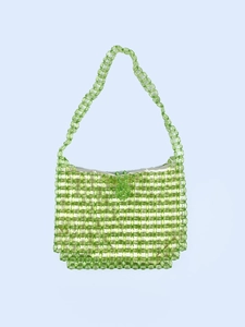 Handmade Woven Acrylic Beaded Shoulder Bag For Women Green Transparent Summer Fresh Style Tote With Satin Lining Zipper Closure
