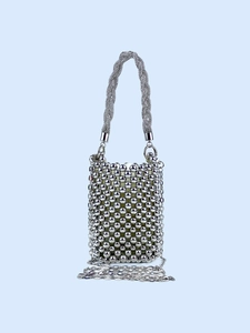 Silver Beaded Handbag Metallic Beads Mini Bucket Bag With Woven Handle And Long Chain Strap For Women Party Daily