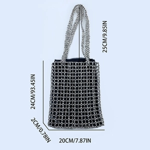 Detailed size specifications for handmade silver beaded tote bag with mesh weave pattern