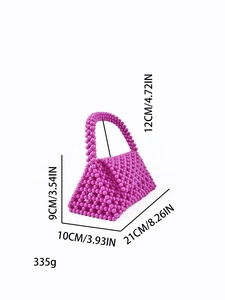 Handmade magenta beaded handbag with dimensions and weight specs in high resolution