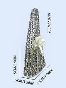 Handmade silver beaded square handbag with white satin drawstring liner for women