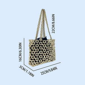 Detailed view of handmade golden beaded hollow shoulder bag with specific size measurements