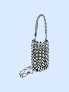 Sparkly silver sequin beaded handbag with thick handle and elegant crossbody chain strap