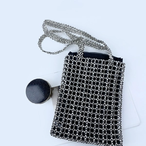 Silver metallic bead woven shoulder bag with a sleek rectangle design and long strap