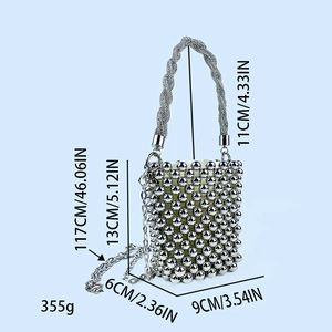 Silver beaded mini bag with spiral handle and chain strap including detailed dimensions