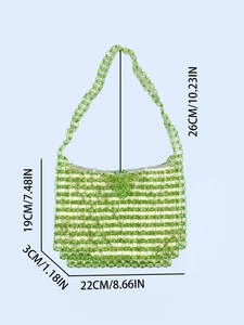 Handmade clear green acrylic beaded shoulder bag with dimensions 22x19x3cm and strap