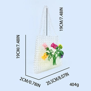 Detailed size chart of handmade acrylic beaded bag with 3D floral pattern and dimensions