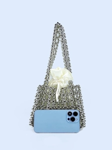 Handmade silver beaded mini handbag with satin drawstring pouch and stylish grid design