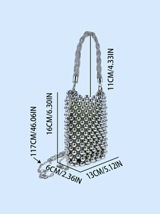 Silver sequin beaded handbag with chain strap, dimensions shown on blue background