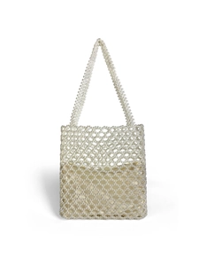 Close-up of handmade pearl beaded shoulder bag with satin inner pouch and hollow mesh structure