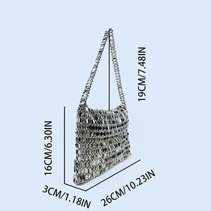 Detailed size guide of silver sequin shoulder bag with height width and strap dimensions