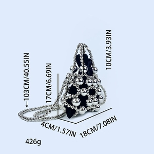 Detailed dimensions of silver beaded handbag with chain strap and velvet pouch insert