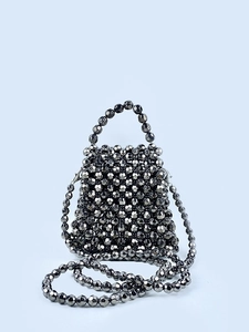 Handcrafted trapezoid bead handbag in gunmetal grey with shoulder strap and top handle