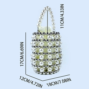 Detail showing dimensions of white pearl beaded bucket bag with drawstring inner lining