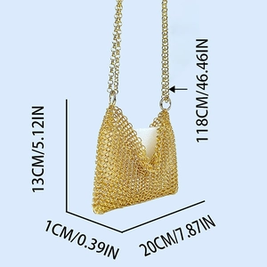 Detailed size guide of gold chainmail crossbody bag with dimensions in cm and inches