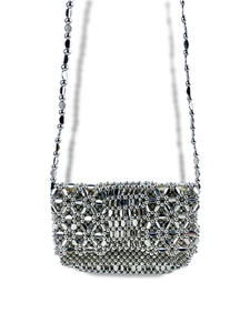 Handmade Woven Beaded Flower Crossbody Bag Silver Metallic Look Hollow Out Small Shoulder Bag For Party Fashion Women Bag