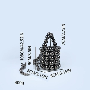 Detailed dimensions of the handmade mini beaded bucket bag with grey metallic finish