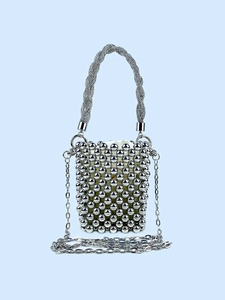 Silver Beaded Mini Bucket Bag Handmade Sequin Crossbody Handbag With Chain Strap For Women Casual Daily