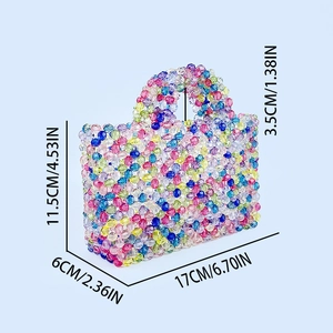 Detailed size chart of handmade rainbow beaded handbag showing 17x11.5x6cm dimensions