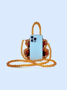 Handmade amber beaded bucket bag with large bubble beads and crossbody strap