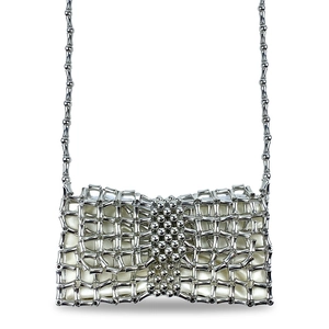 Detail of silver hand-woven metal bow bag with beaded mesh and satin lining