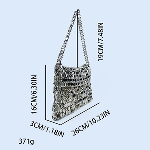 Silver metal sequin shoulder bag dimensions: 26cm width, 16cm height, and 371g weight