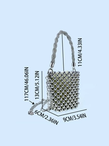 Chic silver sequin mini handbag with woven bead handle and chain strap dimensions
