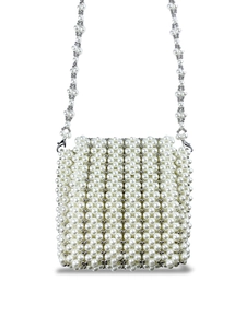 Handmade Artificial Pearl Beaded Shoulder Bag For Women Elegant Woven Small Square Crossbody Handbag Wedding Party Aesthetic Fairy