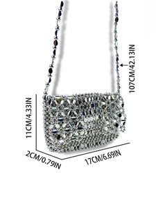 Silver metallic woven floral beaded shoulder bag with sleek long chain strap for women