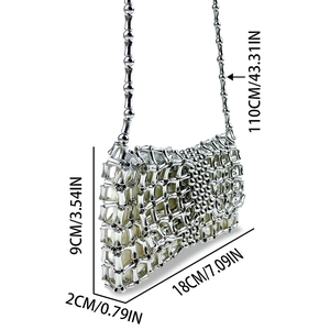 Detailed size specifications of the handmade silver woven bead mini bag with dimensions