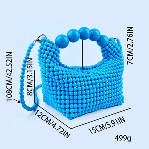 Blue beaded handbag with size specifications including dimensions and strap length