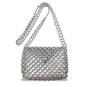 Detail of silver metallic beaded crossbody bag with woven grid and spherical bead closure