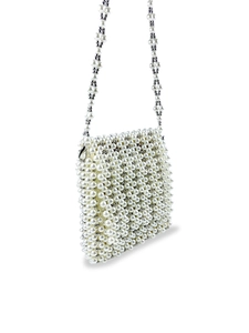 Handmade white pearl beaded crossbody bag with elegant silver metal spacers for women