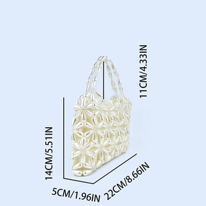 Detailed dimensions of the white beaded pearl handbag with floral woven pattern