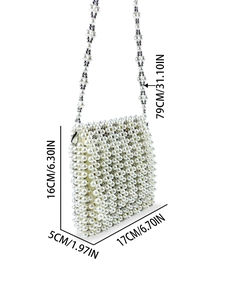 Handmade white pearl beaded crossbody bag with chain strap and dimension markings