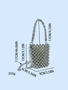 Silver beaded bucket bag with dimensions 13x9x6cm featuring woven handle and chain strap