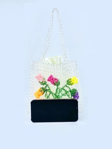 Handmade acrylic beaded handbag with colorful 3D rose patterns and clear beads