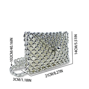 Silver beaded crossbody bag dimensions showing width 21cm and height 14cm with chain strap