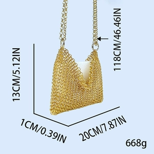 Detailed dimension guide for handmade gold metal sequin bag showing size and weight specs