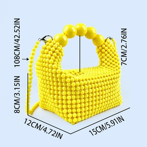 Detailed dimension guide of the yellow hand-woven beaded crossbody bag with strap