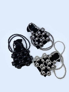 Women Fashion Dark Beaded Bucket Bag Hollow Metal Beads Crossbody Bag With Velvet Drawstring Pouch Mini Handbag